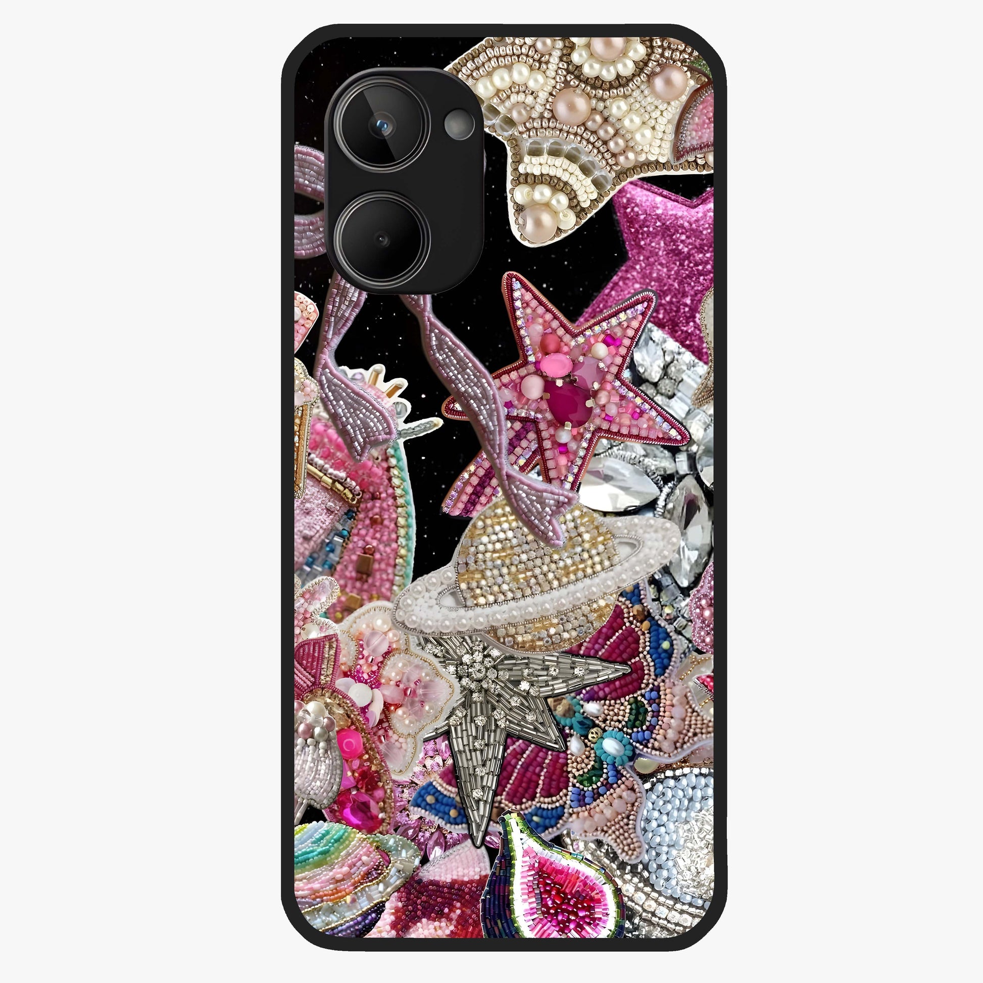 Starlit Jewel Dream Glass Case showing flat back view with sparkling jewel and star themed artwork and glossy glass finish.