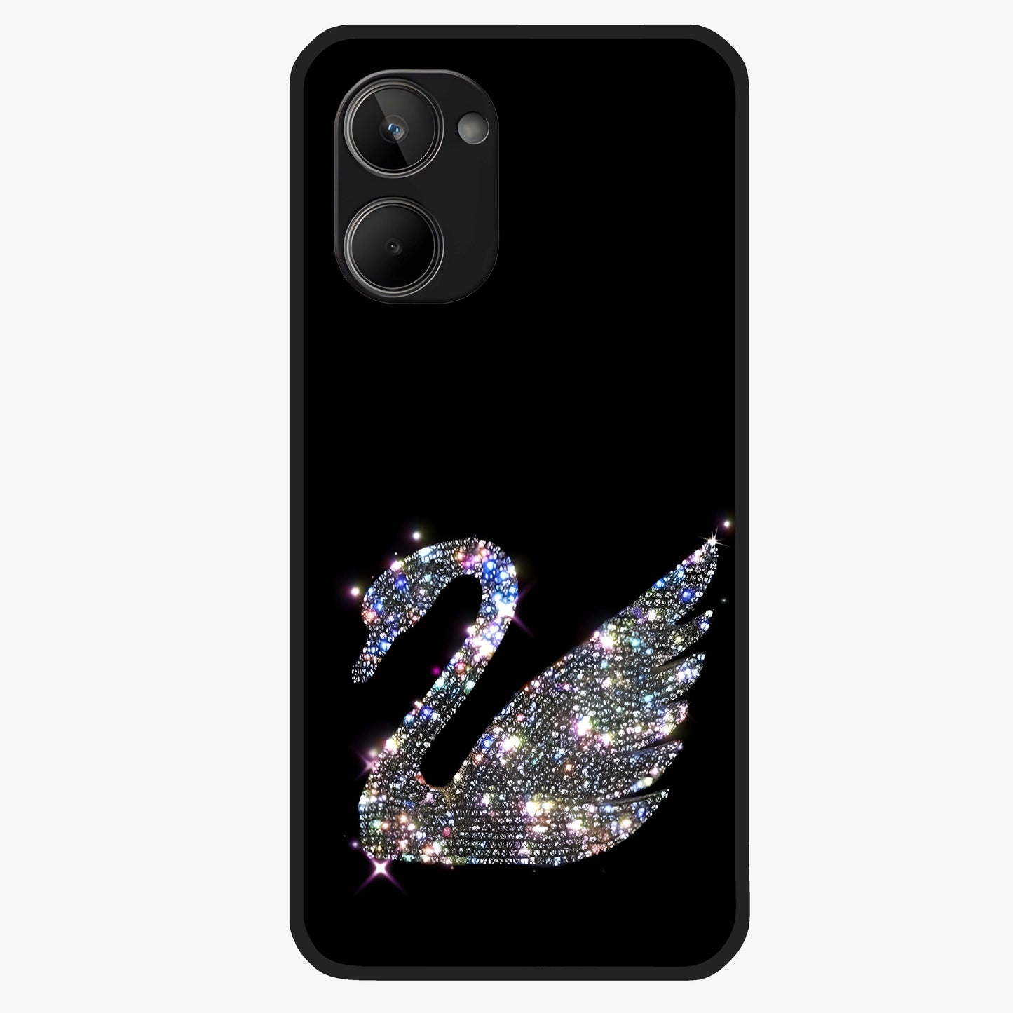 Starlit Swan Grace Glass Case showing flat back view with graceful swan artwork under starry sky and glossy glass finish.