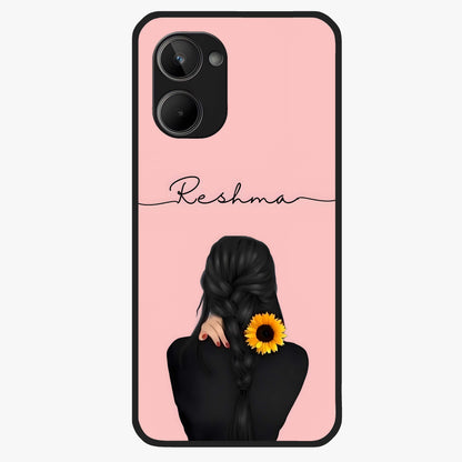Sunflower Braid Beauty With Custom Name Glass Case showing flat back view with sunflower braid artwork and personalized name design.