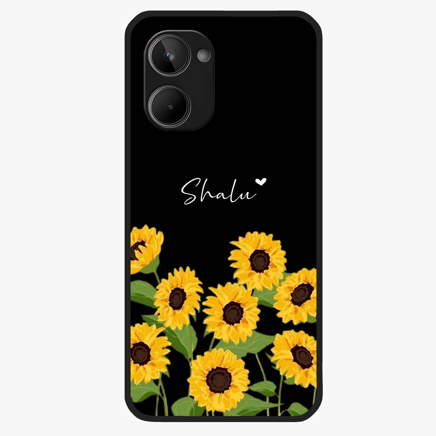 Sunflower Chic Mood Custom Name Glass Case showing flat back view with stylish sunflower artwork and personalized name design.