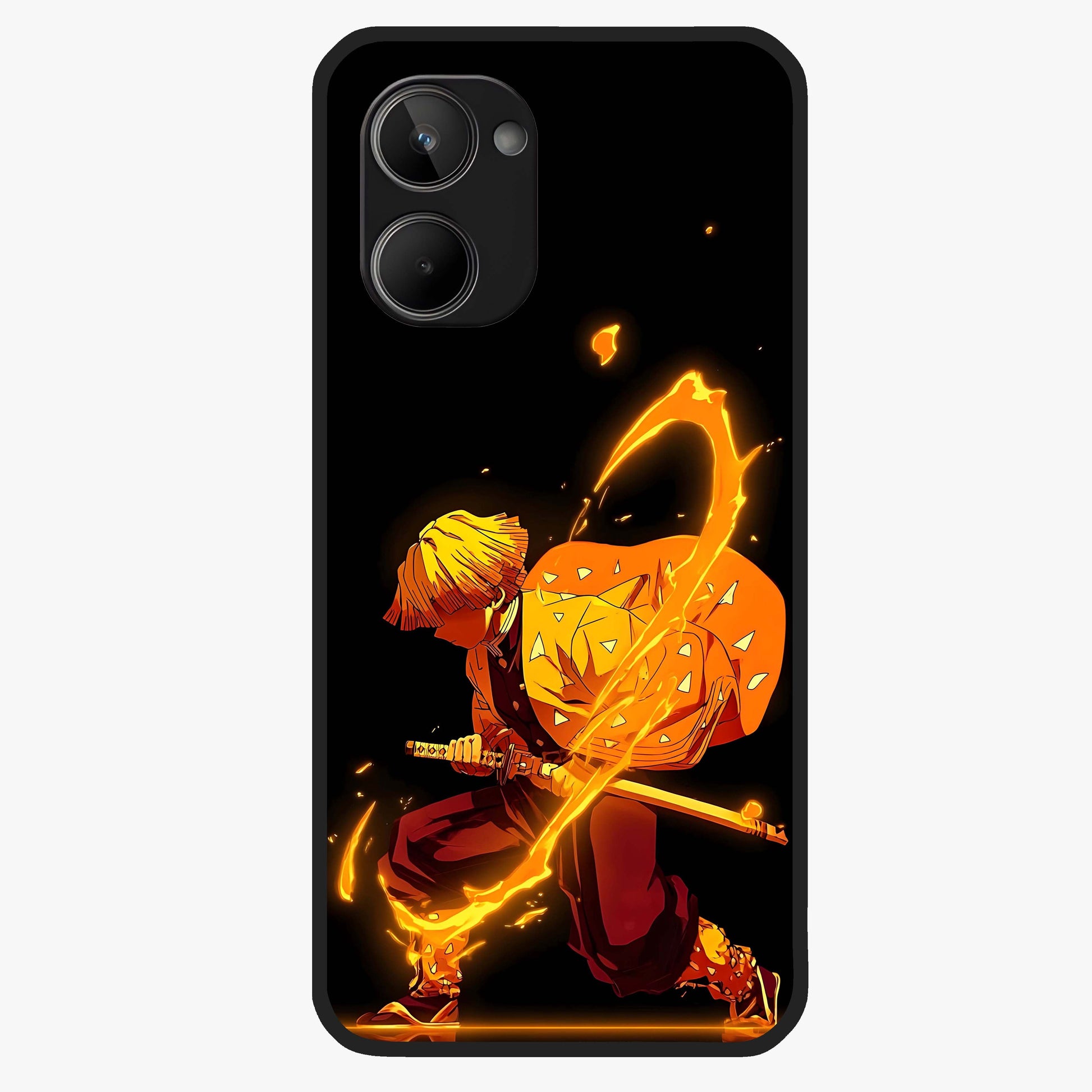 Thunder Flame Execution Glass Case showing flat back view with powerful flame and lightning artwork and glossy glass finish.