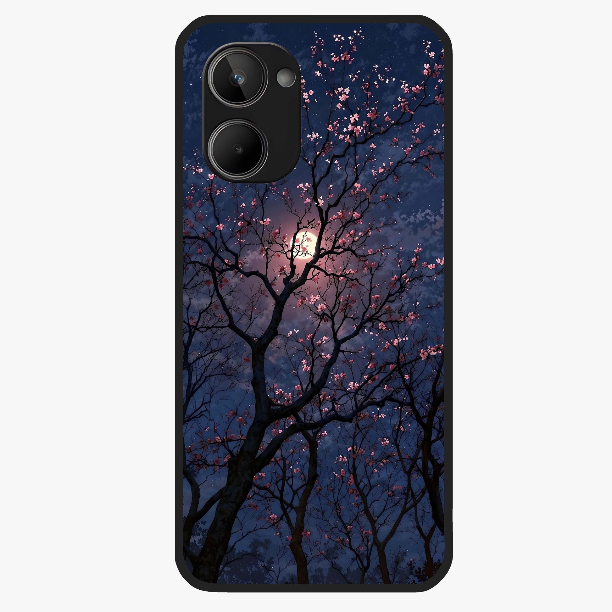 Twilight Sakura Serenade Glass Case showing flat back view with cherry blossom artwork at twilight and glossy glass finish.