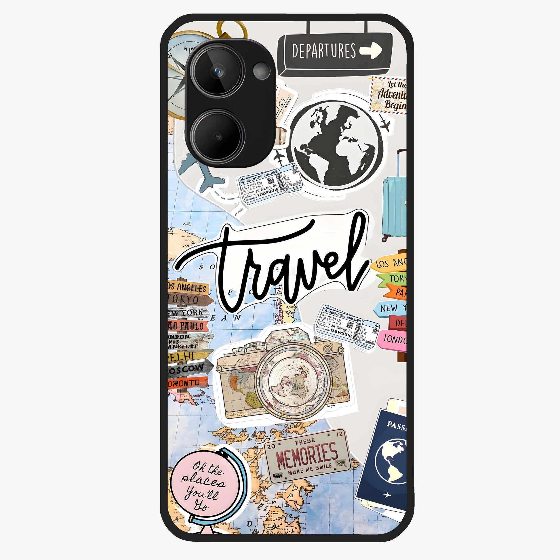 Wanderlust Journal Glass Case showing flat back view with travel inspired artwork and glossy glass finish.