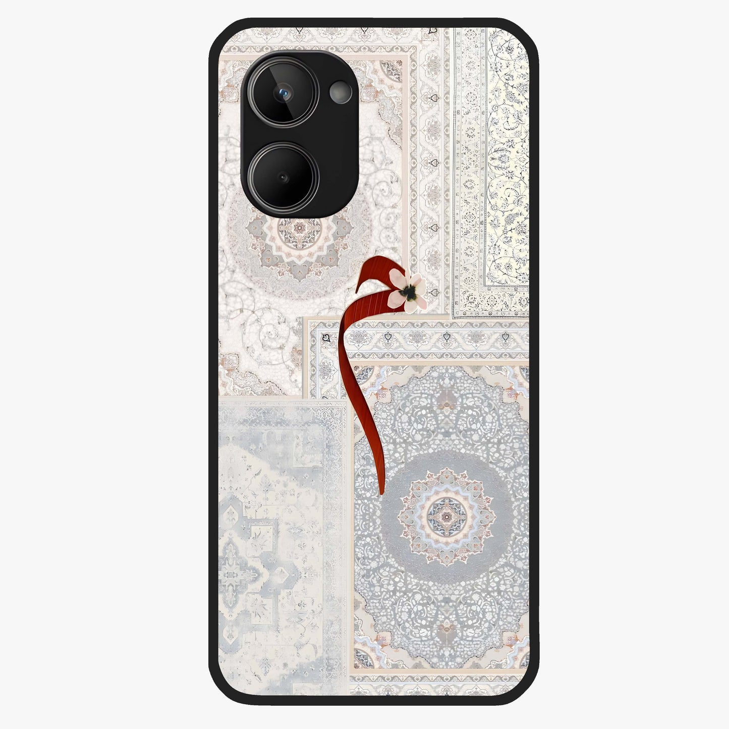 White Aesthetic Bow Glass Case showing flat back view with minimal bow artwork and glossy glass finish.