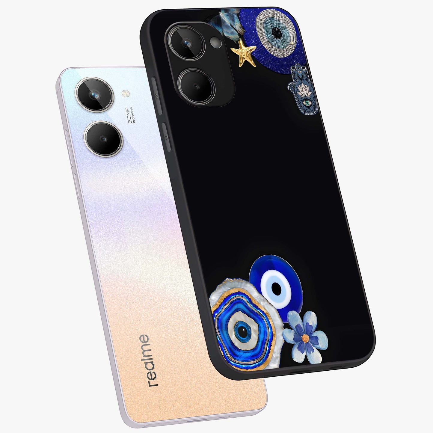 Aesthetic Blue Evil Eye Glass Case displayed in angled mockup highlighting blue evil eye symbol and spiritual aesthetic design.