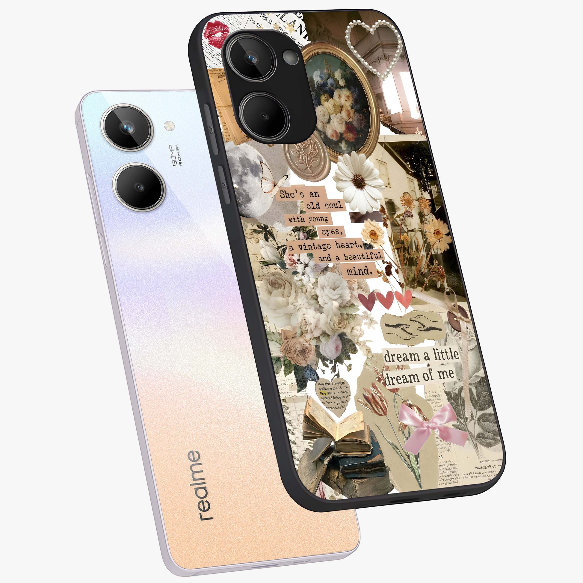 Aesthetic Brown Vintage Collage Glass Case displayed in angled mockup highlighting vintage aesthetic collage design.