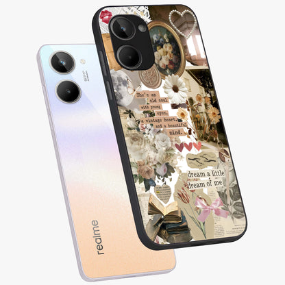 Aesthetic Brown Vintage Collage Glass Case displayed in angled mockup highlighting vintage aesthetic collage design.
