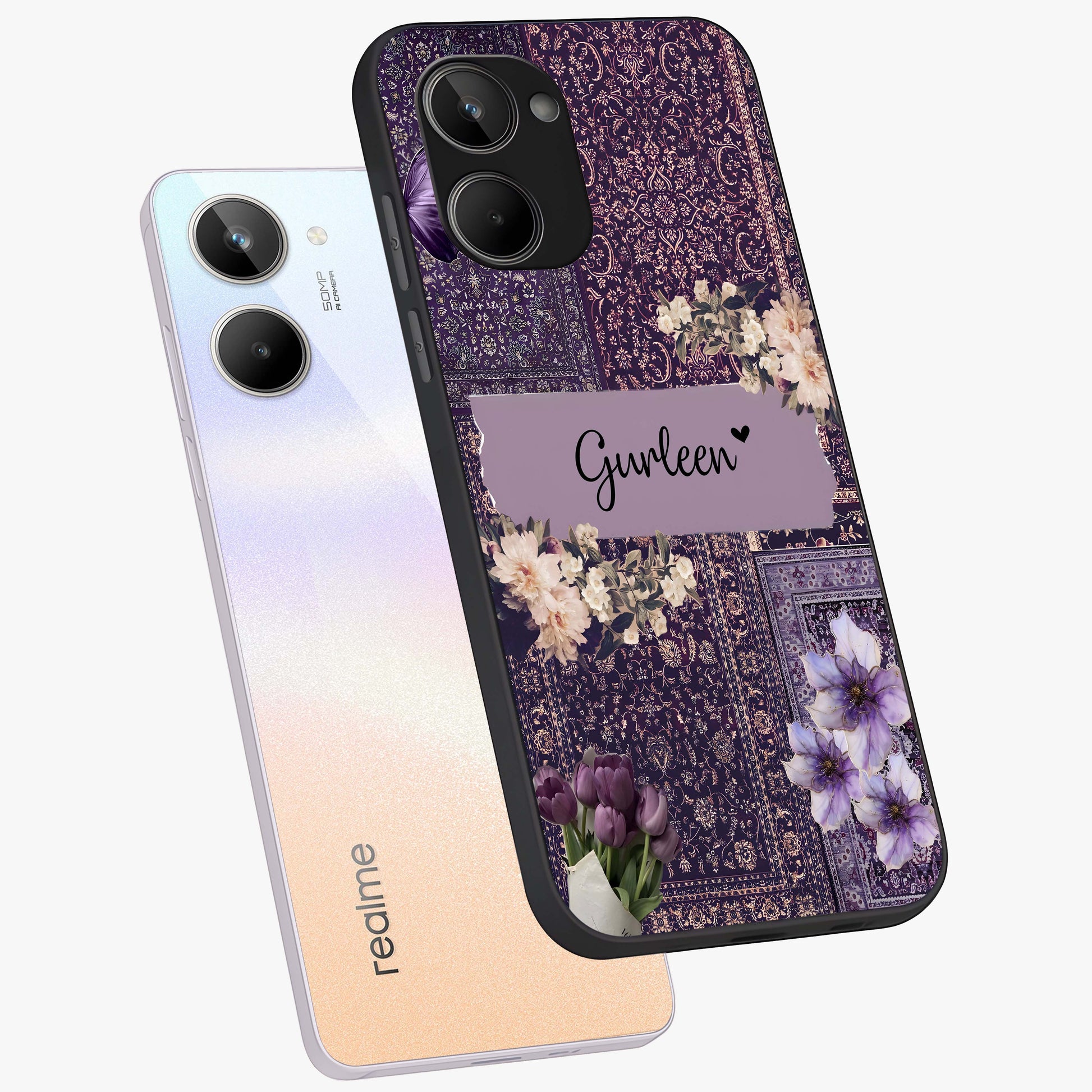 Antique Floral Whisper Custom Name Glass Case displayed in angled mockup highlighting elegant antique floral aesthetic.
