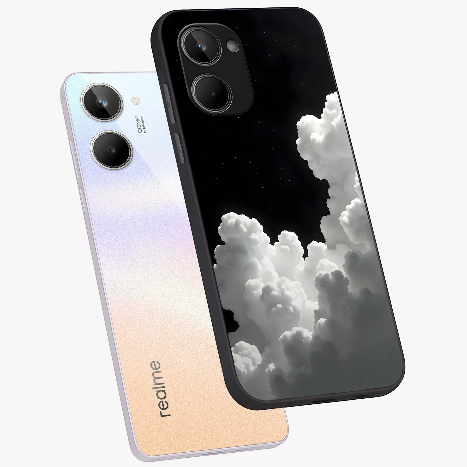 Black Background With White Cloud Glass Case displayed in angled mockup highlighting soft white cloud illustration and minimal design.