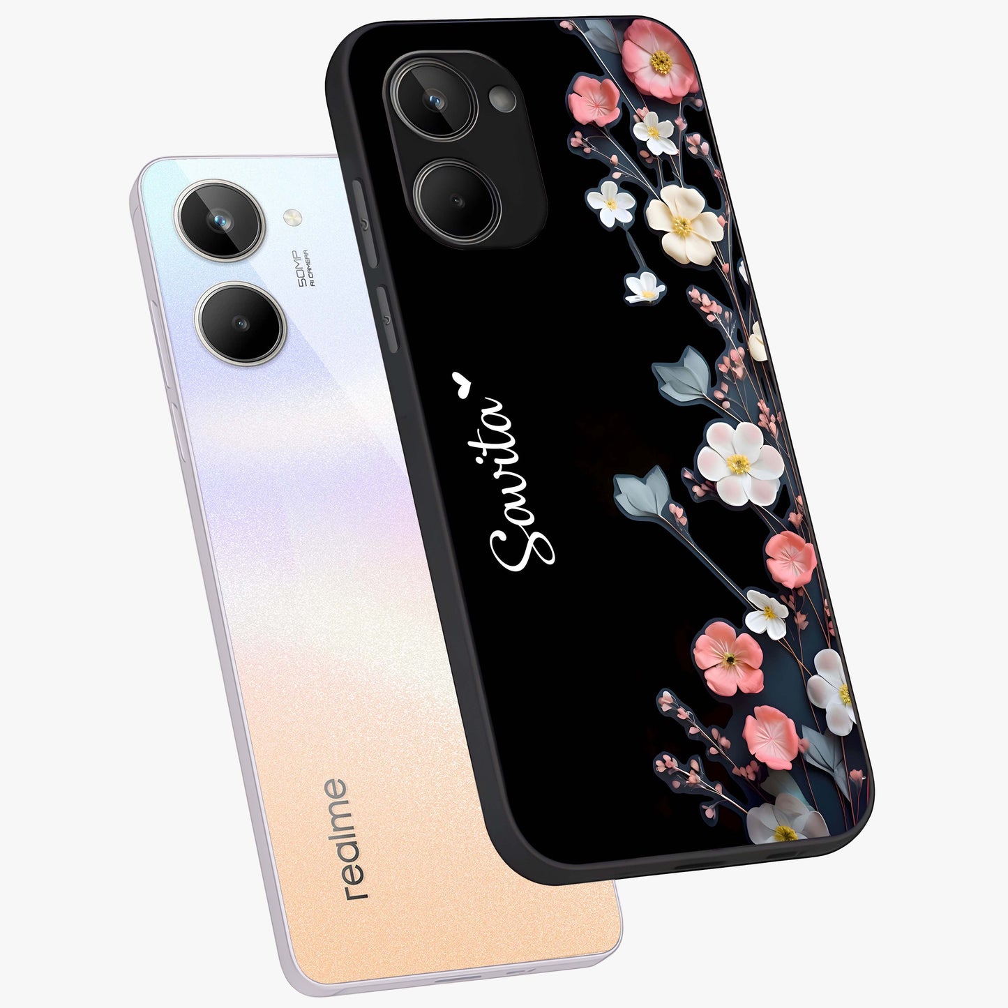 Black Elegance Floral Custom Name Glass Case displayed in angled mockup highlighting dark floral aesthetic and custom name feature.