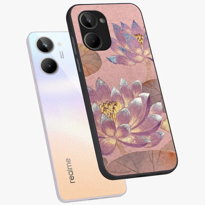 Blossom Mist Lotus Glass Case displayed in angled mockup highlighting delicate lotus illustration with calm aesthetic theme.