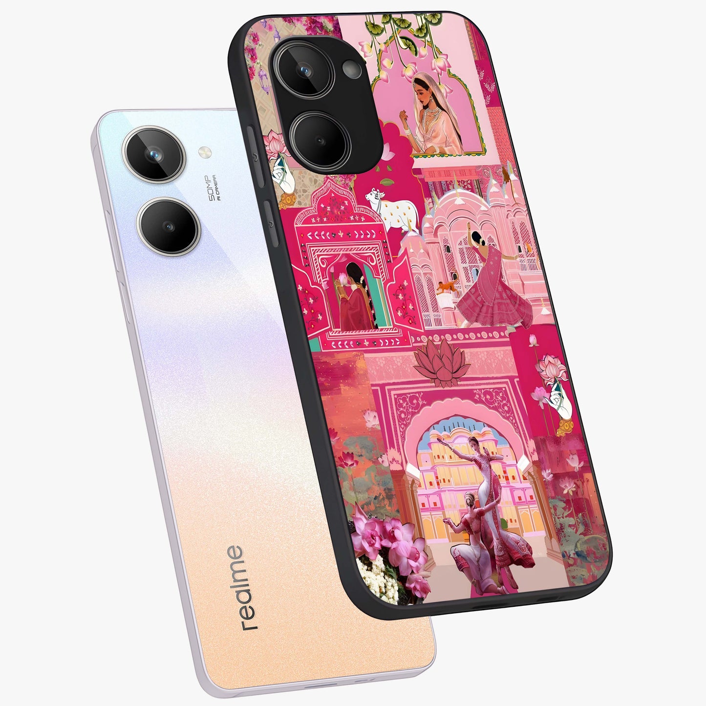 Blossoms of Rajasthan Glass Case displayed in angled mockup highlighting vibrant floral pattern with cultural aesthetic style.