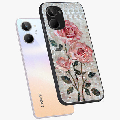 Blush Mosaic Bloom Glass Case displayed in angled mockup highlighting artistic mosaic flower pattern with aesthetic design.