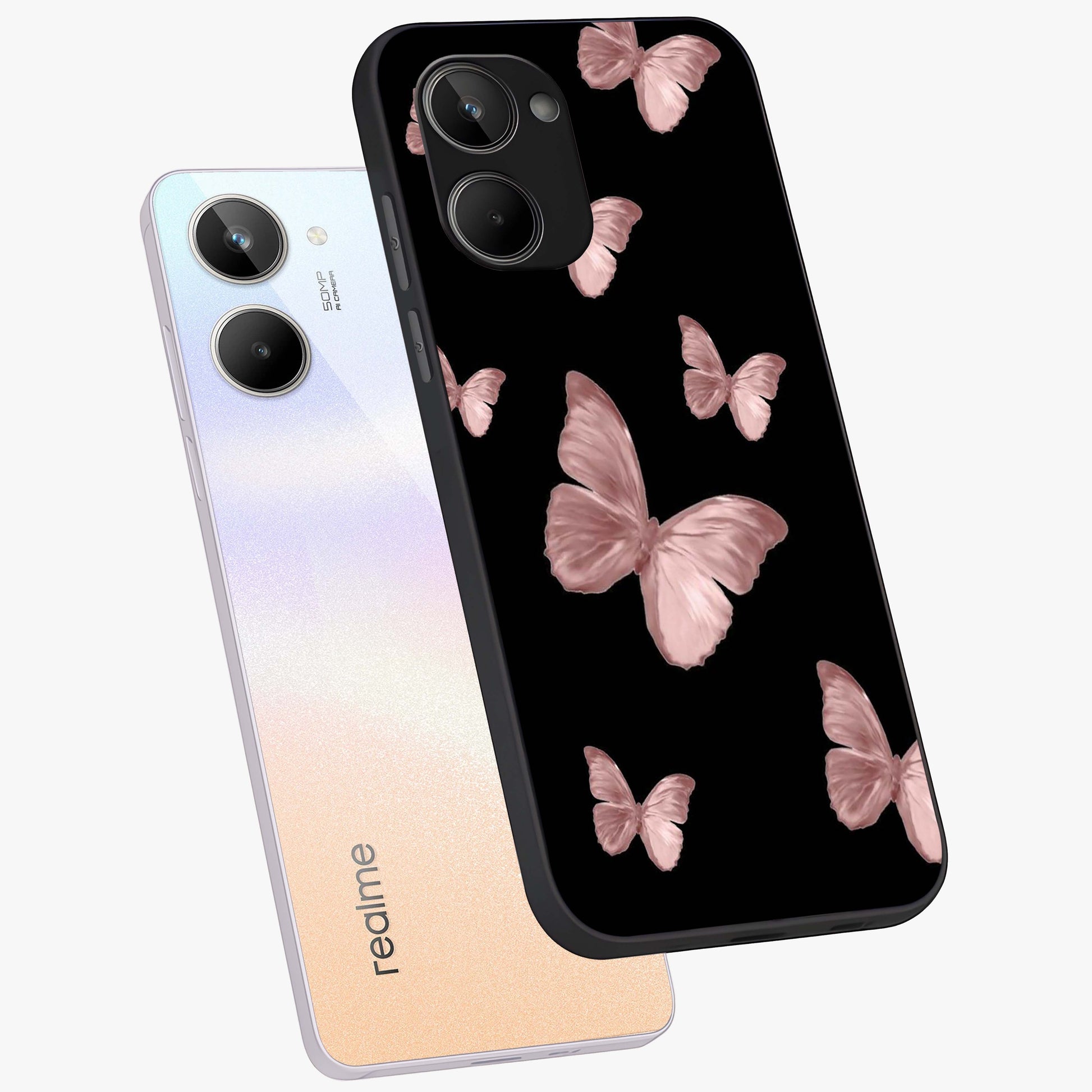 Butterfly Pattern Glass Case displayed in angled mockup highlighting delicate butterfly design and aesthetic pattern style.