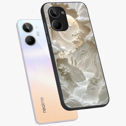 Celestial Origami Glass Case displayed in angled mockup highlighting geometric origami design with cosmic aesthetic theme.