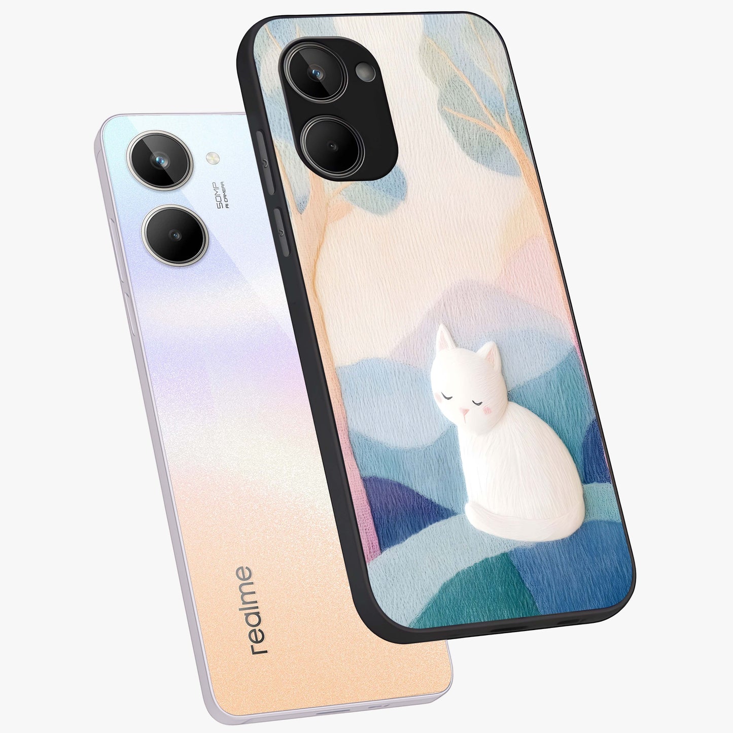 Cotton Dream Cat Glass Case displayed in angled mockup highlighting cute feline illustration with pastel aesthetic style.