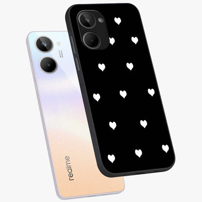 Cute And Simple White Hearts Glass Case displayed in angled mockup highlighting cute heart design with clean aesthetic style.