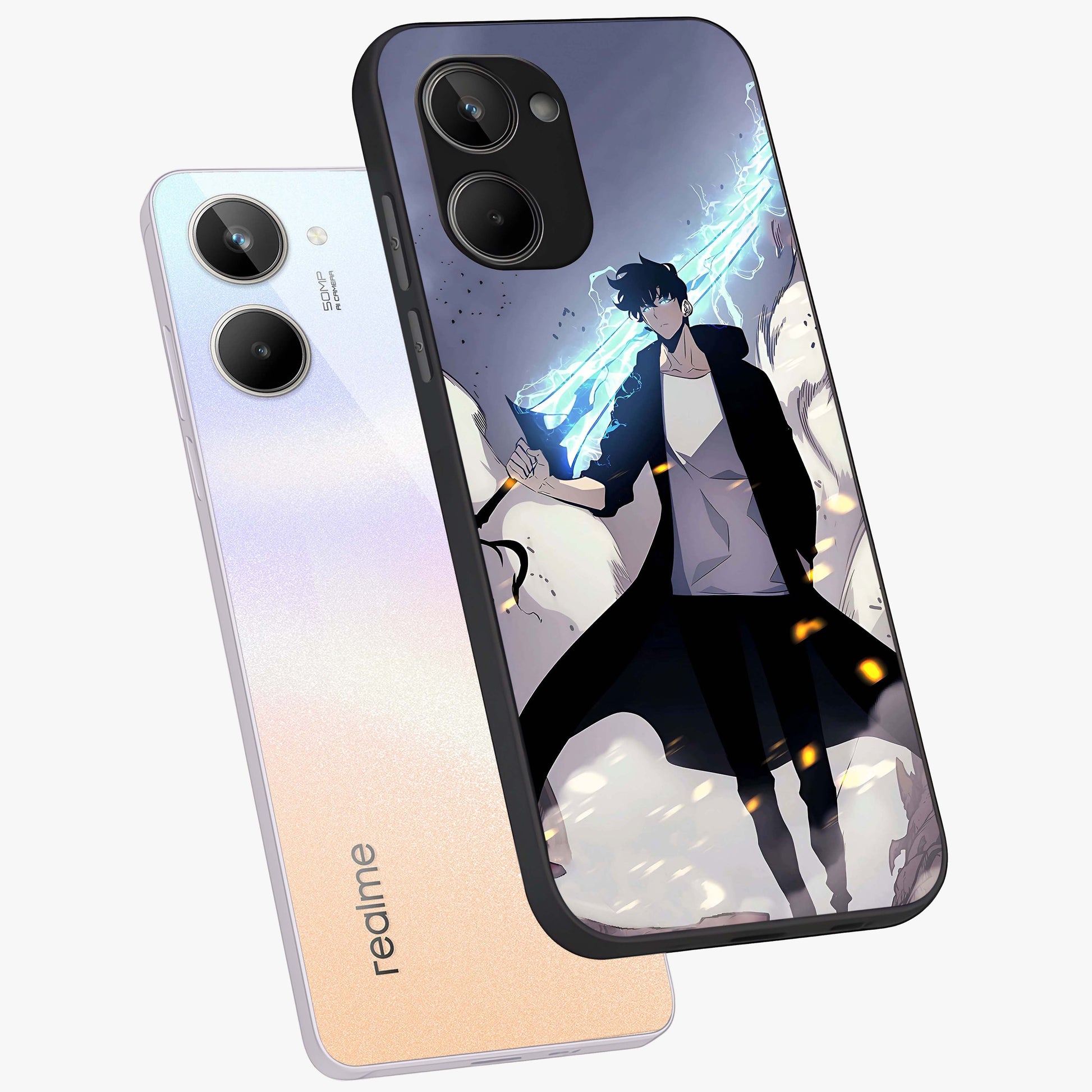 Dark Lightning Anime Warrior Glass Case displayed in angled mockup highlighting powerful lightning themed anime illustration.