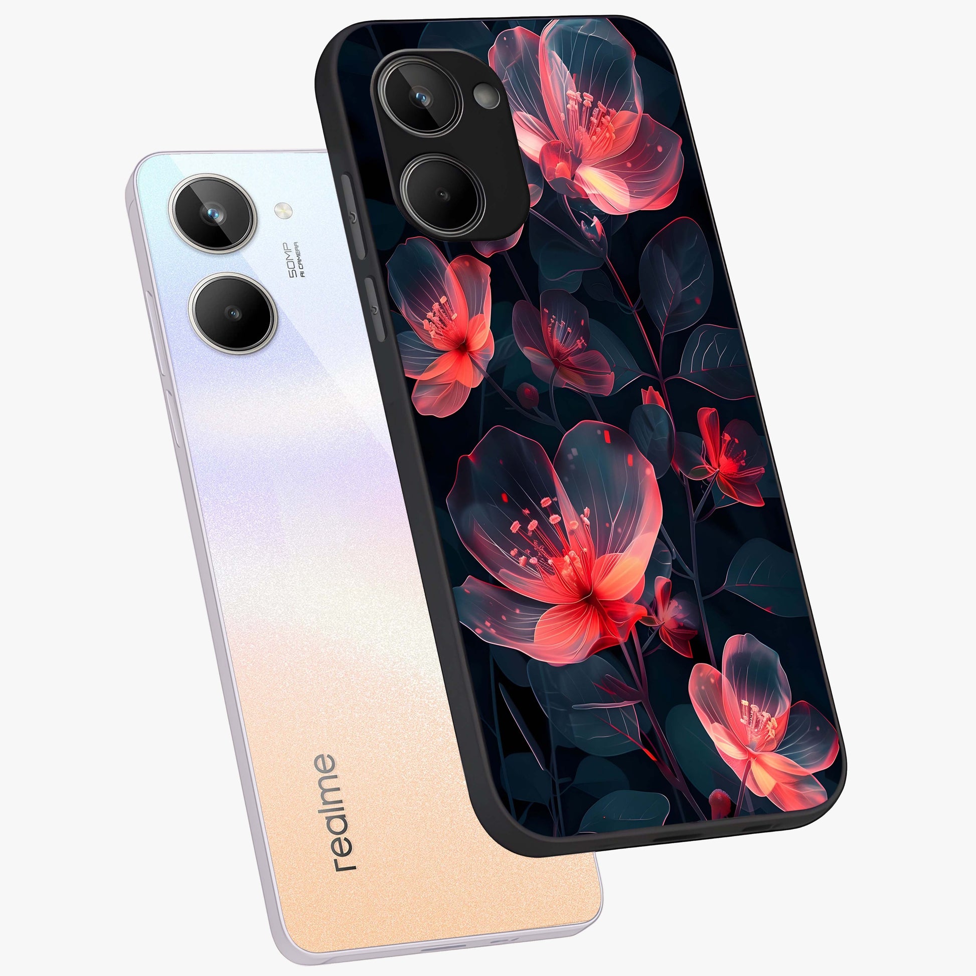 Dark Shade of Flower Glass Case displayed in angled mockup highlighting moody floral illustration with aesthetic dark tones.