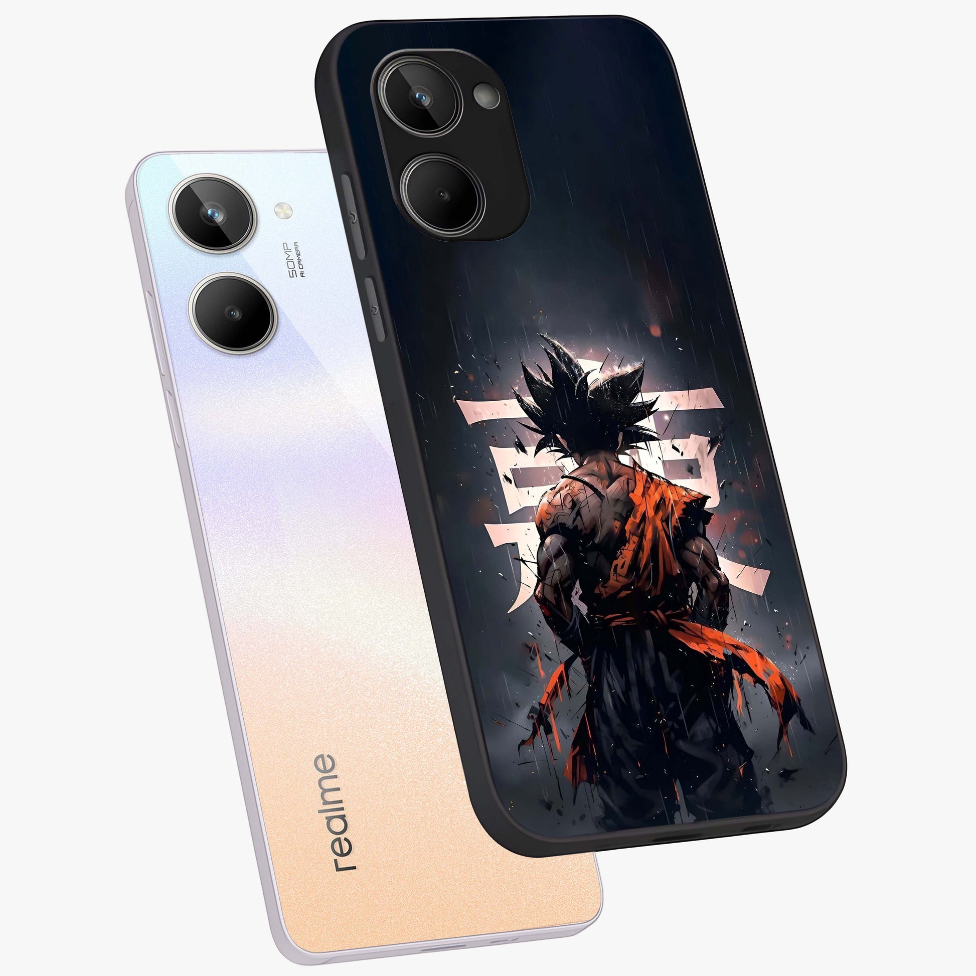 Dark Warrior In Rain Glass Case displayed in angled mockup highlighting dramatic warrior illustration with dark rain aesthetic.