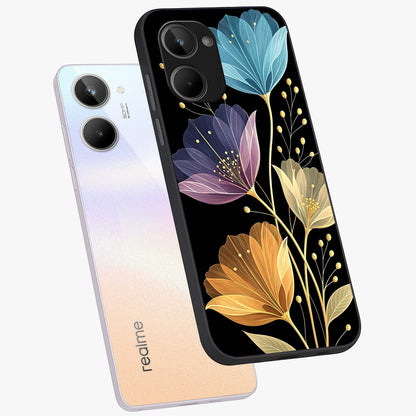 Delicate Multicolor Flowers Glass Case displayed in angled mockup highlighting colorful flower pattern with soft aesthetic style.