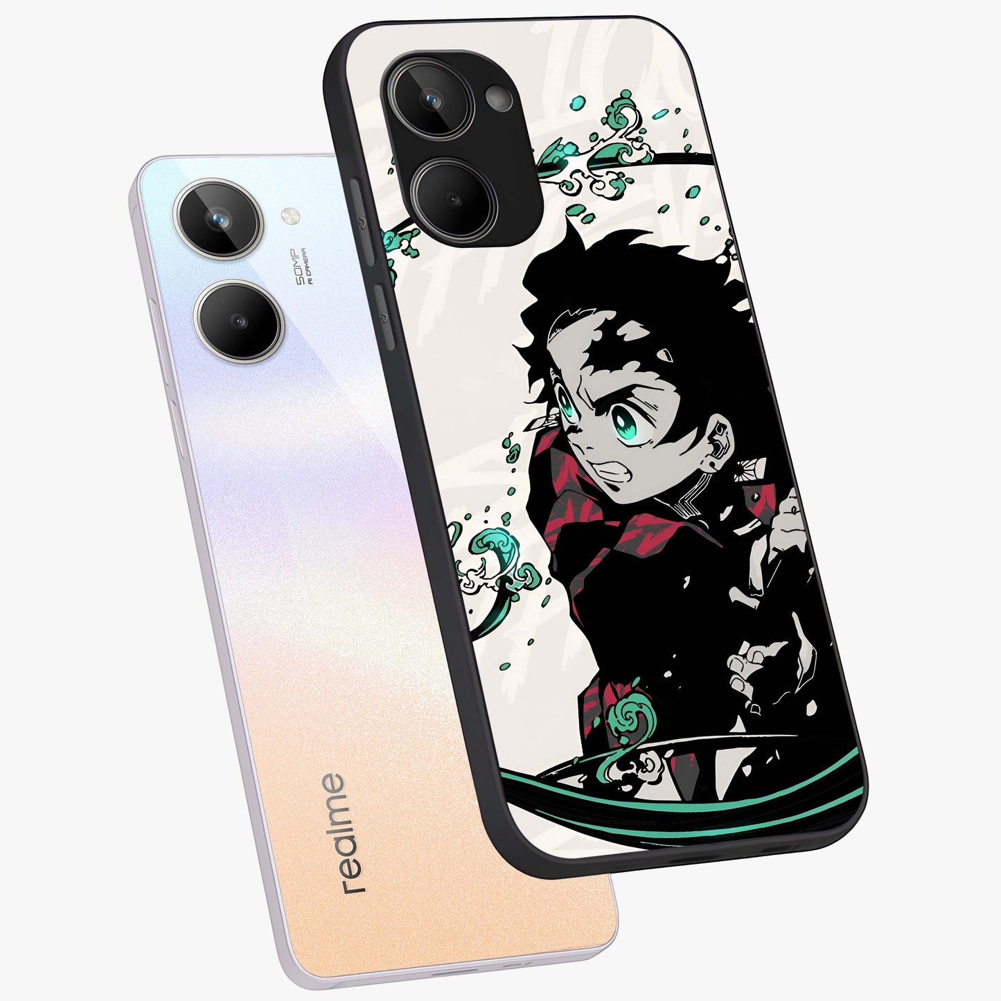 Demon Slayer Glass Case displayed in angled mockup highlighting dramatic anime character design with action aesthetic.