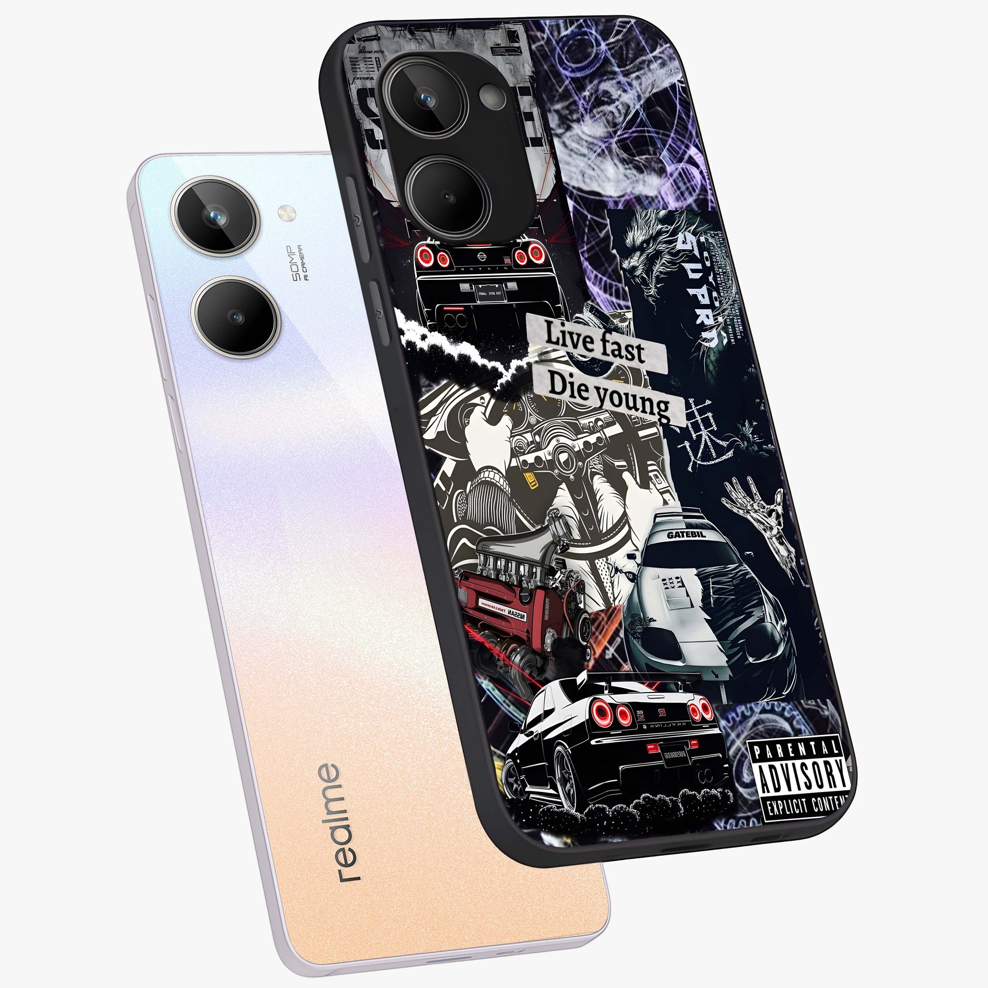 Die Young Glass Case displayed in angled mockup highlighting expressive graphic artwork with edgy aesthetic style.