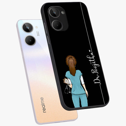 Doctor Pattern Custom Name Glass Case displayed in angled mockup highlighting doctor inspired artwork with custom name feature.