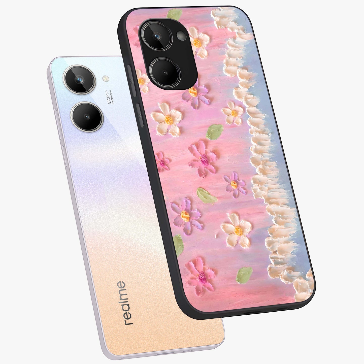 Dreamy Painted Garden Glass Case displayed in angled mockup highlighting colorful garden illustration with dreamy aesthetic style.
