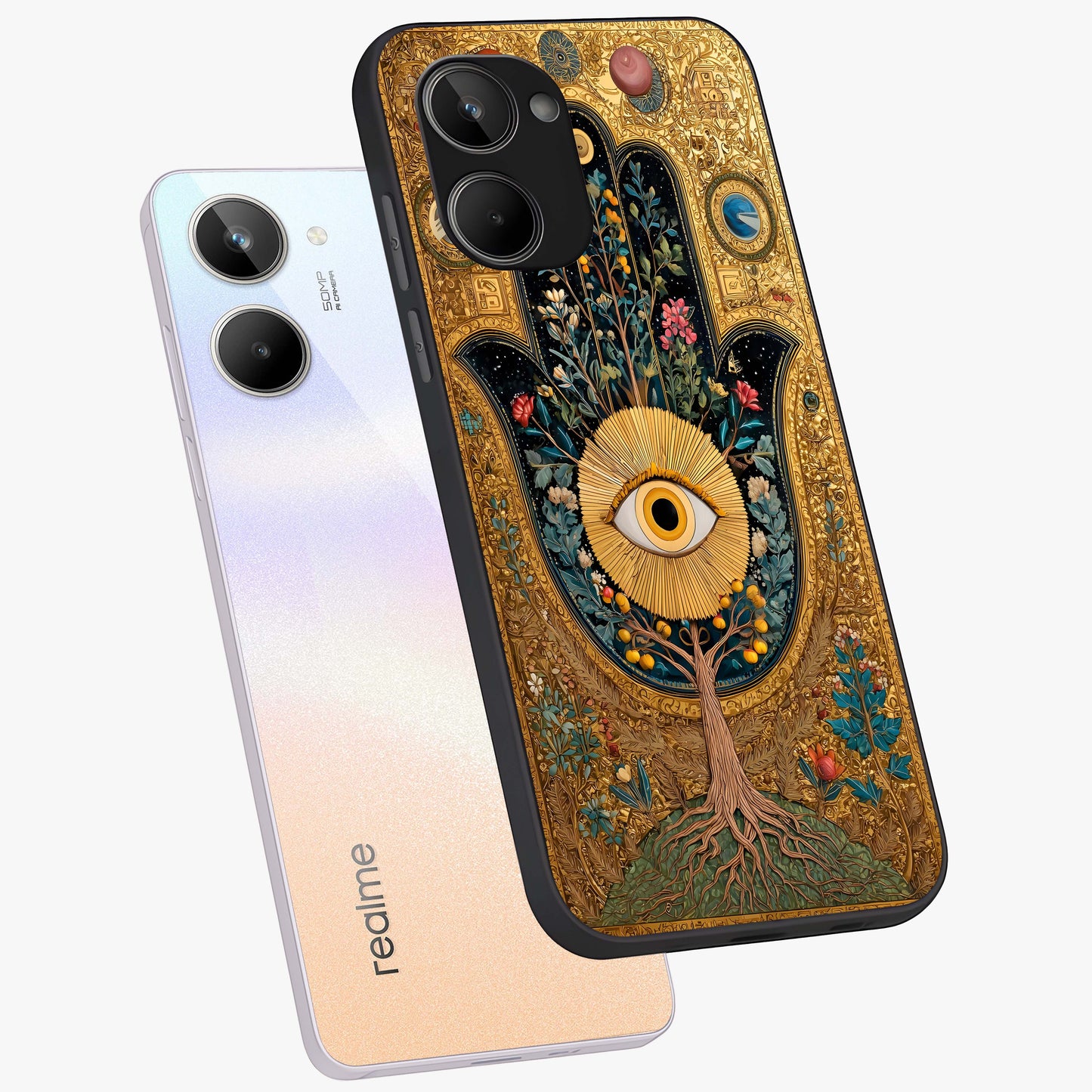 Ethereal Evil Eye Glass Case displayed in angled mockup highlighting protective evil eye symbol with spiritual aesthetic design.