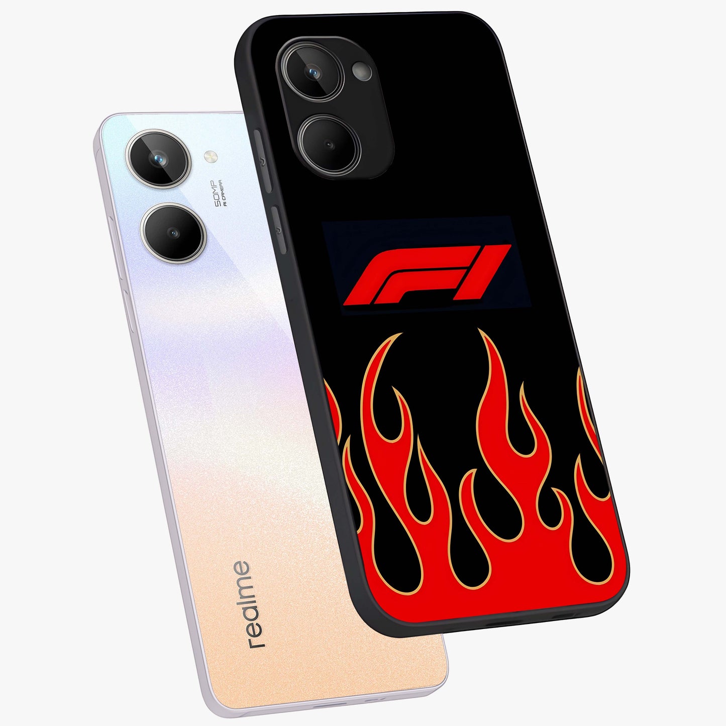 Fire F11 Glass Case displayed in angled mockup highlighting bold fire inspired graphic with energetic aesthetic style.