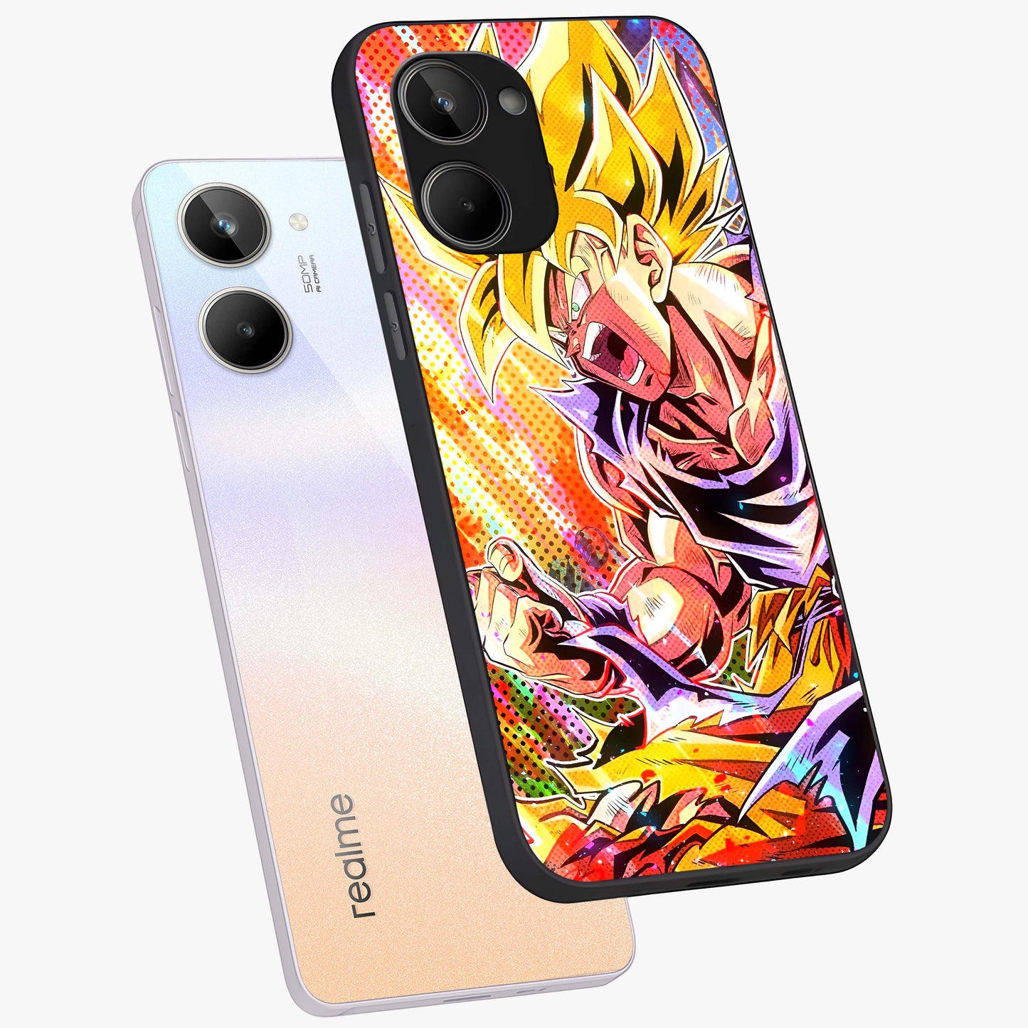 Firing Goku Glass Case displayed in angled mockup highlighting dynamic anime character design with action aesthetic.
