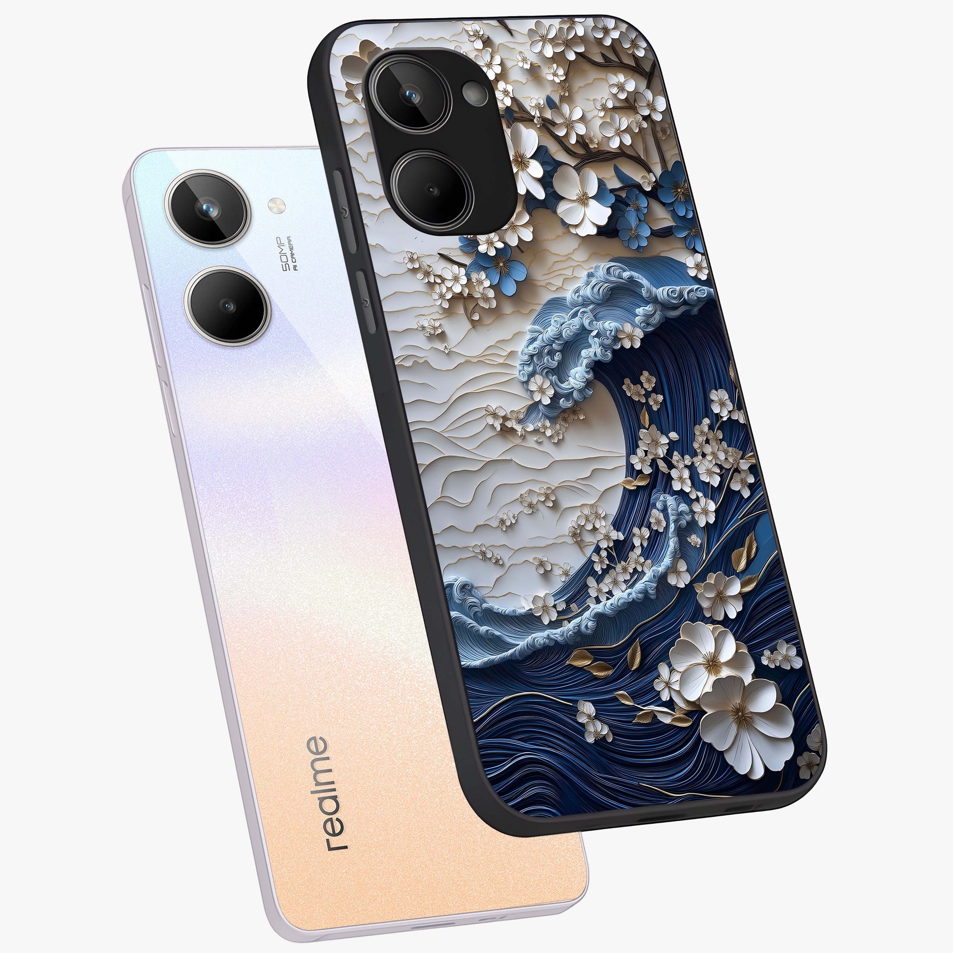 Floral Wave Origami Glass Case displayed in angled mockup highlighting geometric origami flower design with modern aesthetic style.