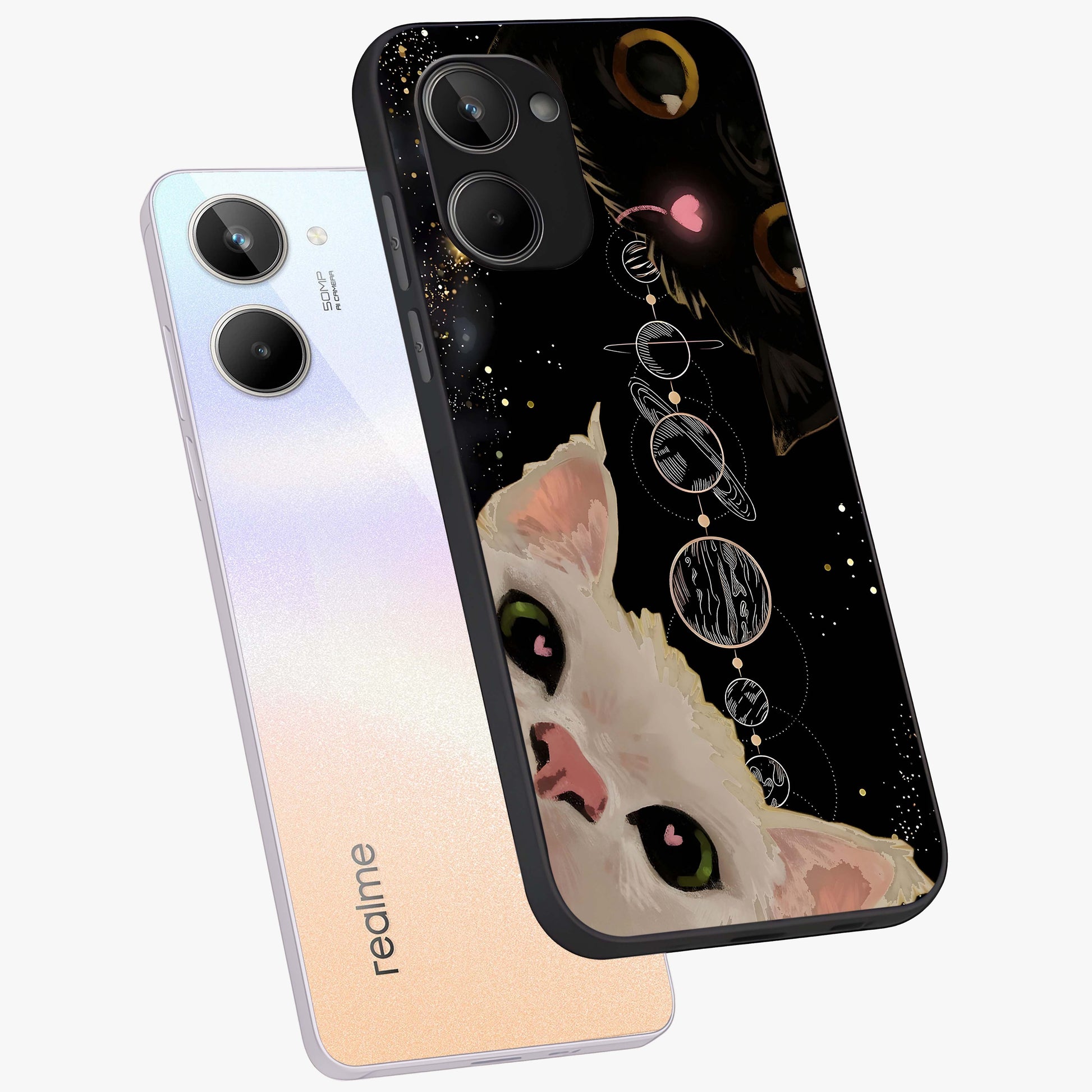 Galactic Cat Glass Case displayed in angled mockup highlighting celestial feline illustration with galaxy aesthetic style.