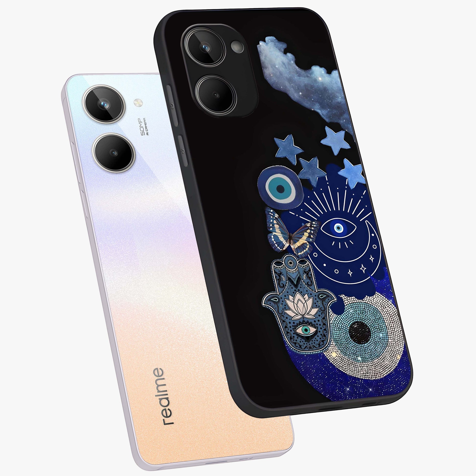 Galactic Charm Cluster Glass Case displayed in angled mockup highlighting luminous galaxy inspired design with dreamy aesthetic.