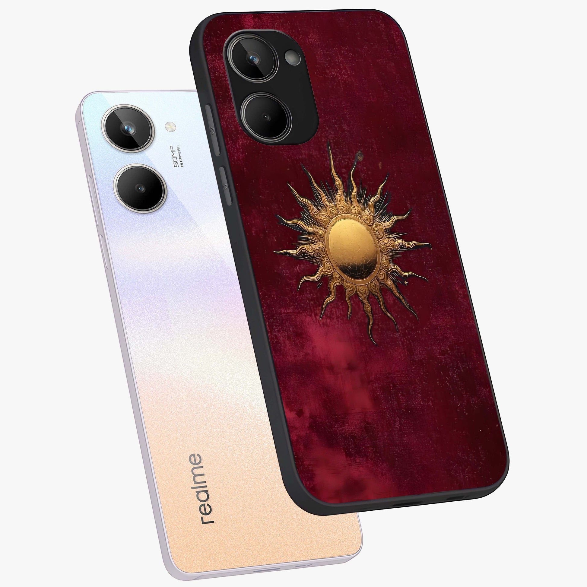Golden Sun Minimalism Glass Case displayed in angled mockup highlighting clean sun symbol design with modern minimal aesthetic.