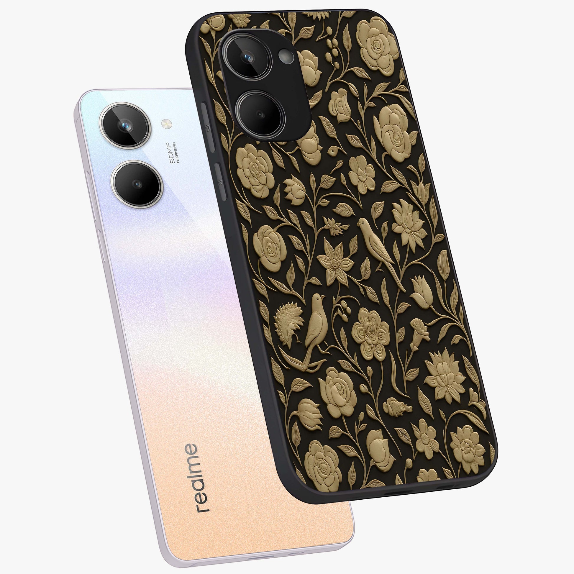 Golden Evil Eye Mandala Glass Case displayed in angled mockup highlighting protective evil eye symbol with golden mandala design.