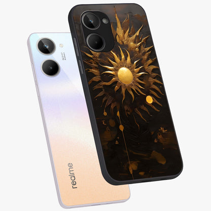 Golden Sun Majesty Glass Case displayed in angled mockup highlighting eerie shadow illustration with gothic aesthetic.