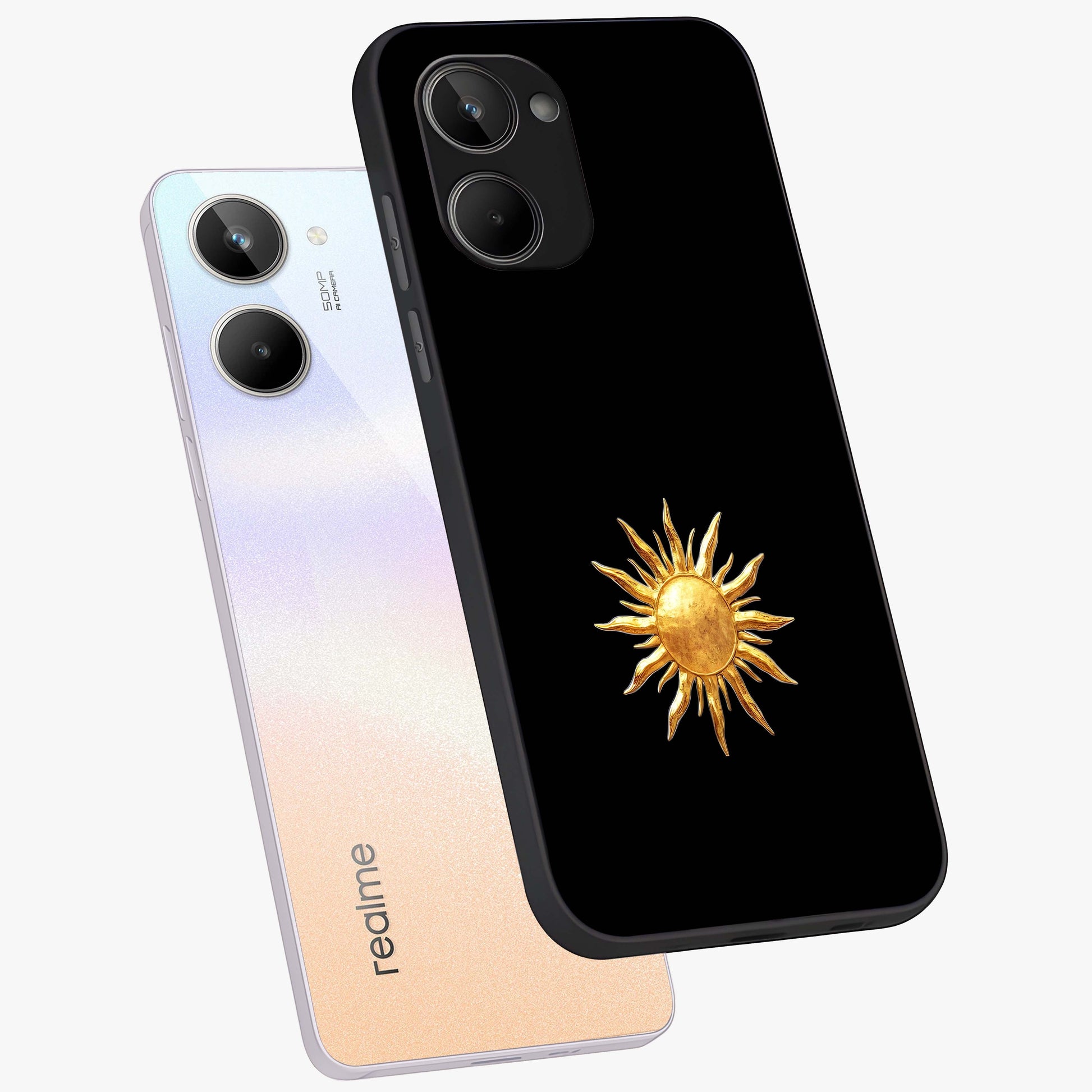Golden Sun Minimalism Glass Case displayed in angled mockup highlighting eerie shadow illustration with gothic aesthetic.