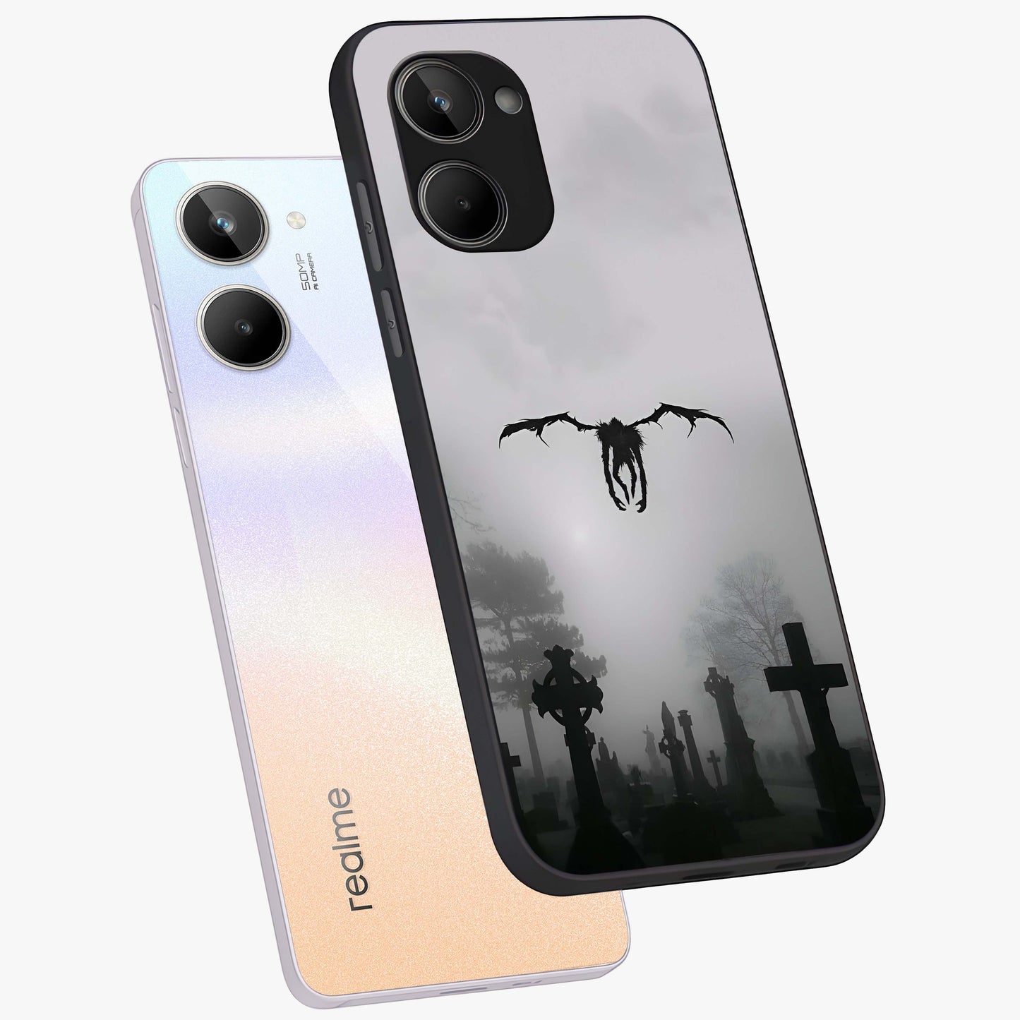 Graveyard Shadow Descent Glass Case displayed in angled mockup highlighting eerie shadow illustration with gothic aesthetic.