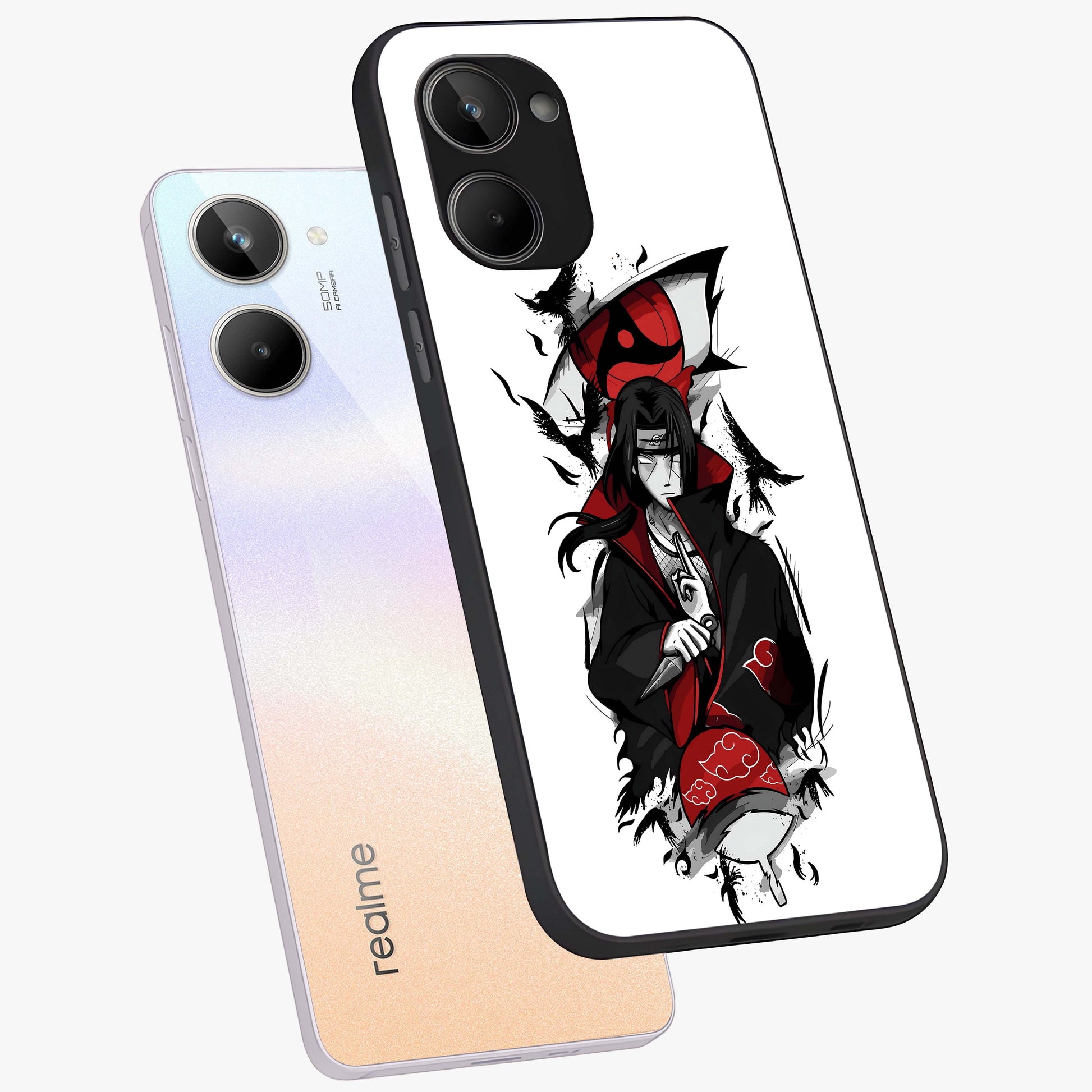 Itachi Limited Edition Naruto Anime Glass Case displayed in angled mockup highlighting dramatic anime illustration with bold action aesthetic.