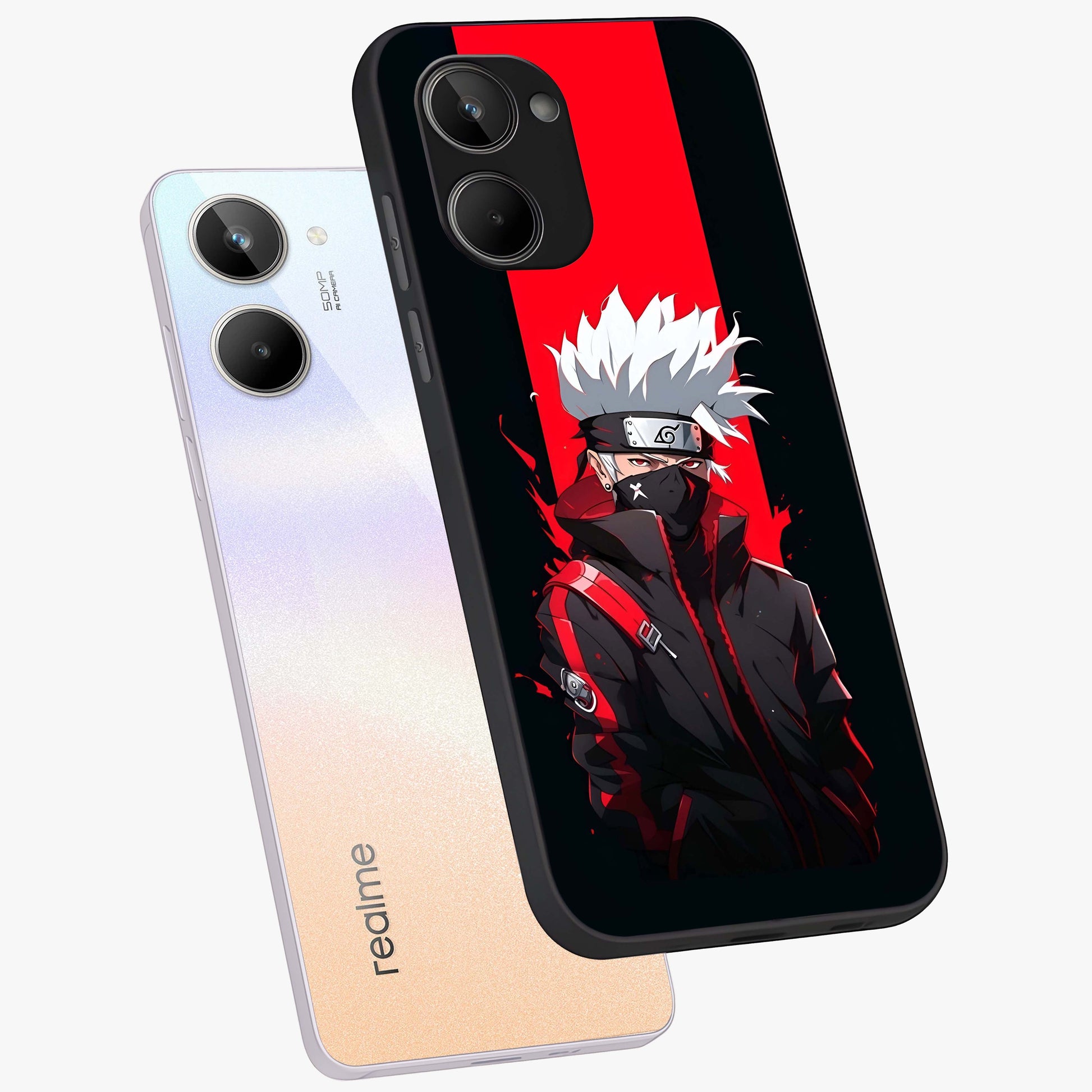 Kakashi Scarlet Shadow Glass Case displayed in angled mockup highlighting dramatic ninja illustration with scarlet themed aesthetic.
