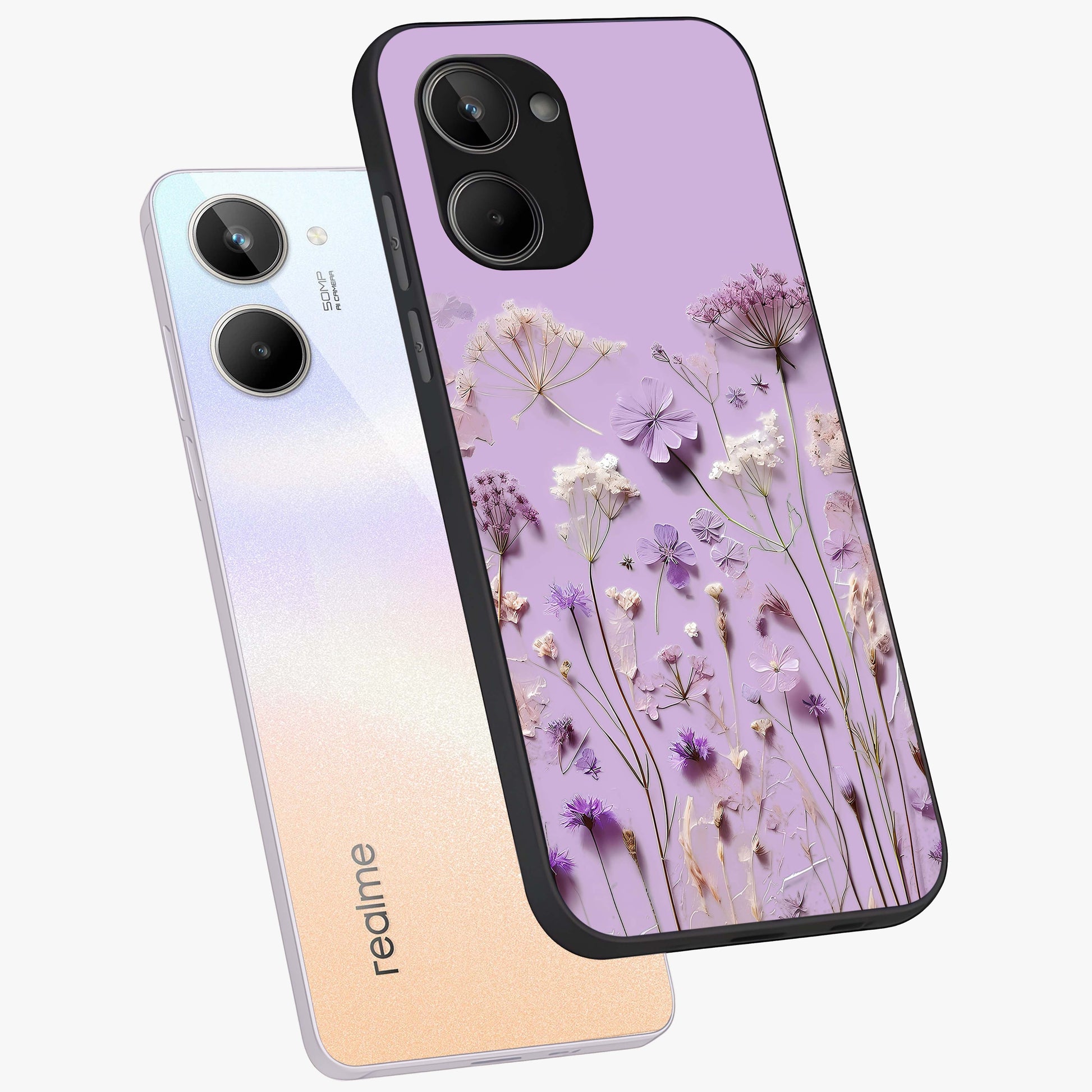 Lavender Blossom Dream Glass Case displayed in angled mockup highlighting dreamy lavender flower design with calming aesthetic style.