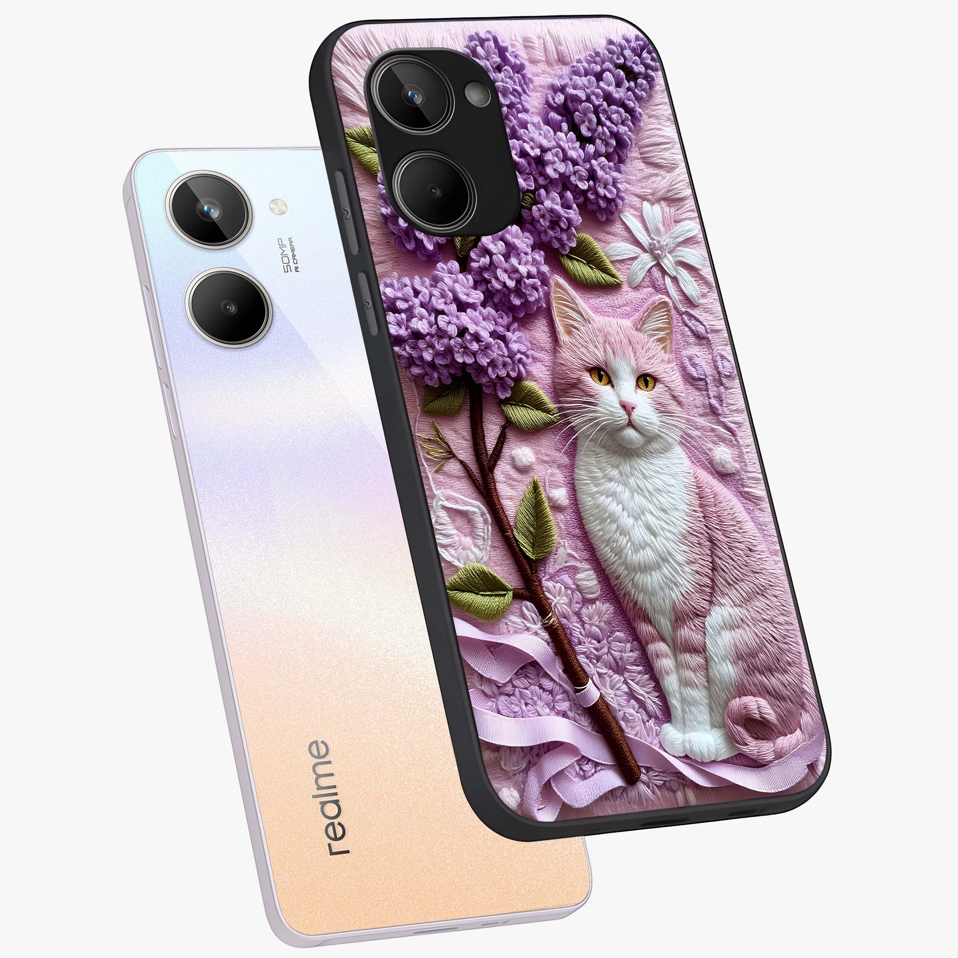 Lavender Cat Whimsy Glass Case displayed in angled mockup highlighting playful feline illustration with pastel lavender aesthetic.