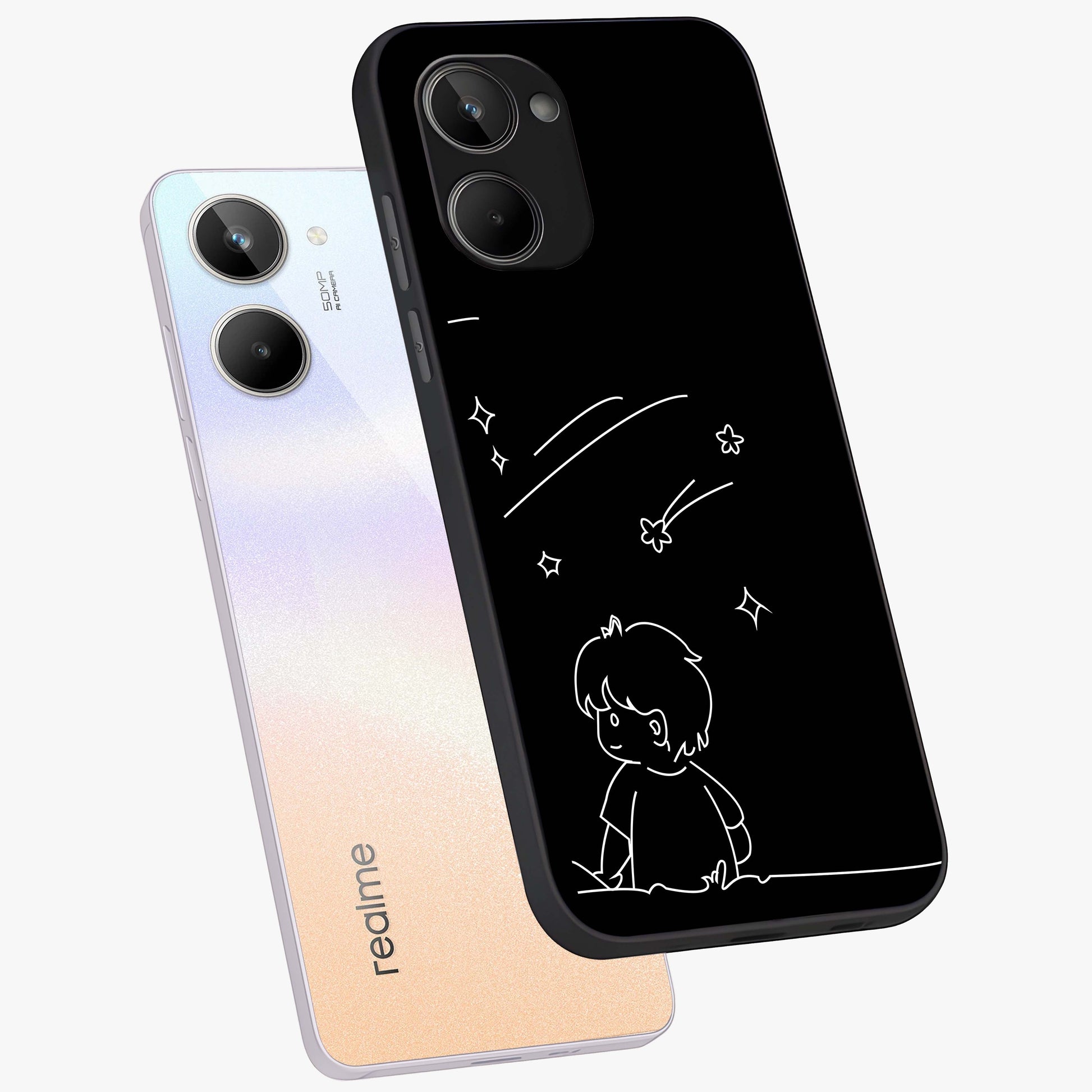 Line Art Boy With Shooting Stars Glass Case displayed in angled mockup highlighting elegant line art design with dreamy star aesthetic.