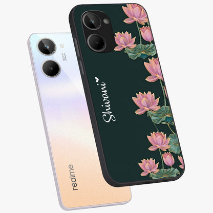 Lotus Bloom Serenity Custom Name Glass Case displayed in angled mockup highlighting graceful lotus illustration with custom name feature.