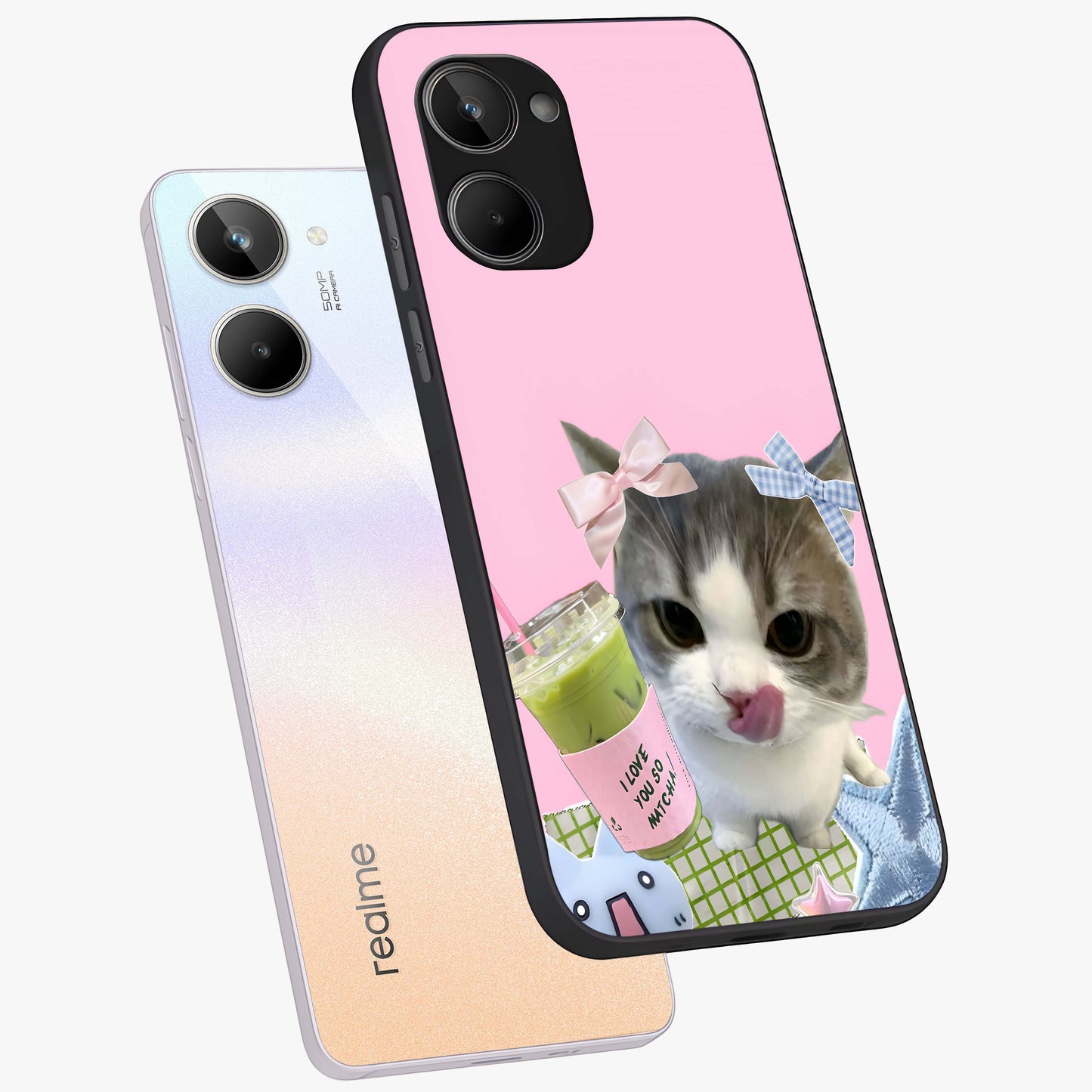 Love Matcha Cat Glass Case displayed in angled mockup highlighting playful feline illustration with cozy matcha aesthetic.