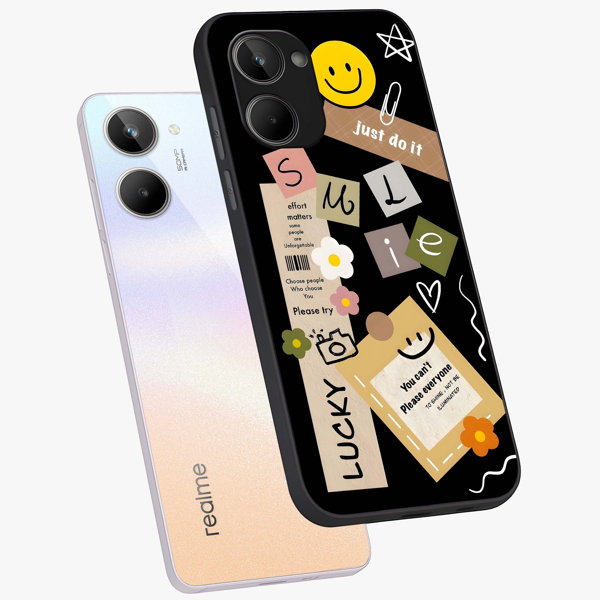 Lucky Aesthetic Collage Glass Case displayed in angled mockup highlighting stylish collage pattern with modern aesthetic vibe.