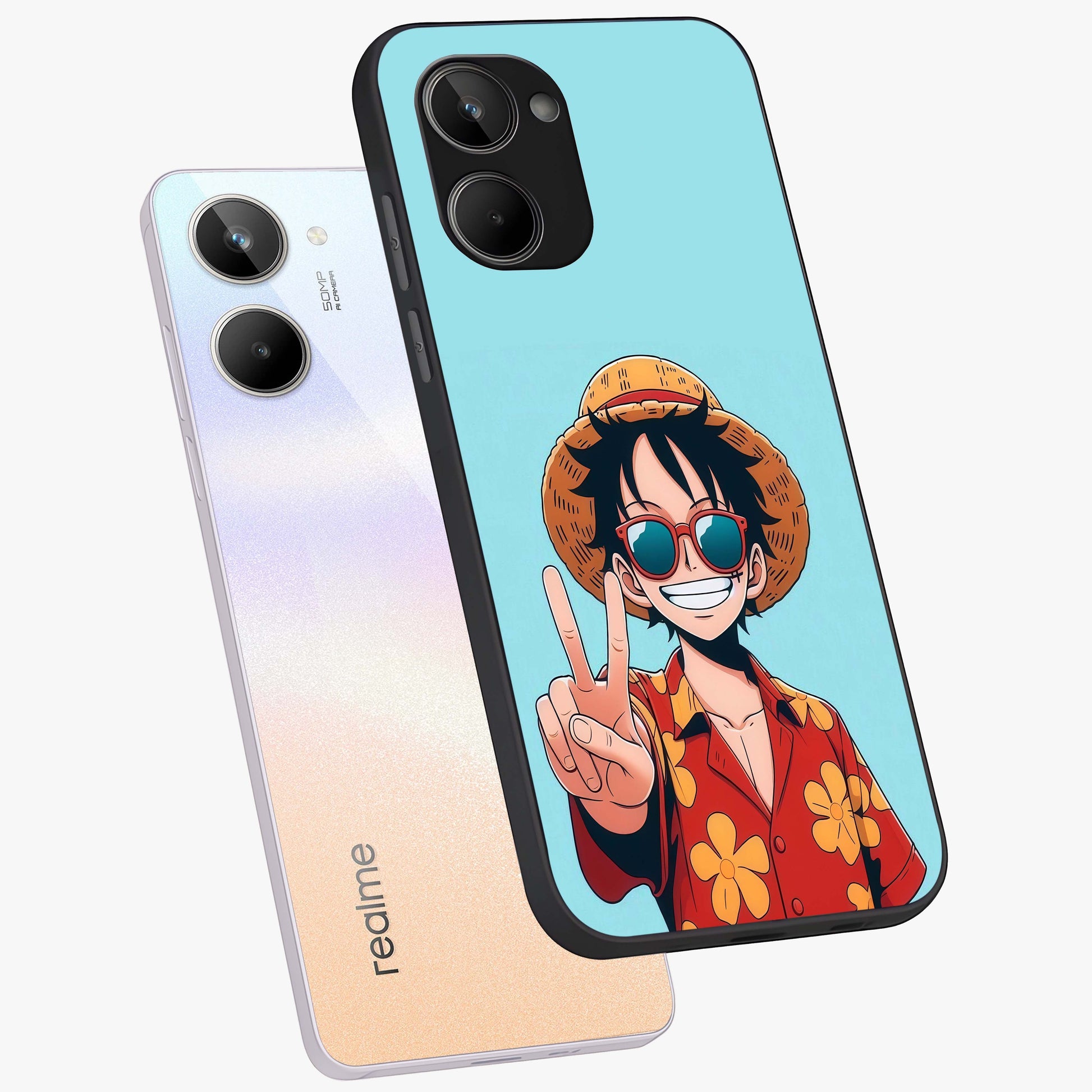 Luffy Summer Anime Vibe Glass Case displayed in angled mockup highlighting energetic anime illustration with summer vibe aesthetic.