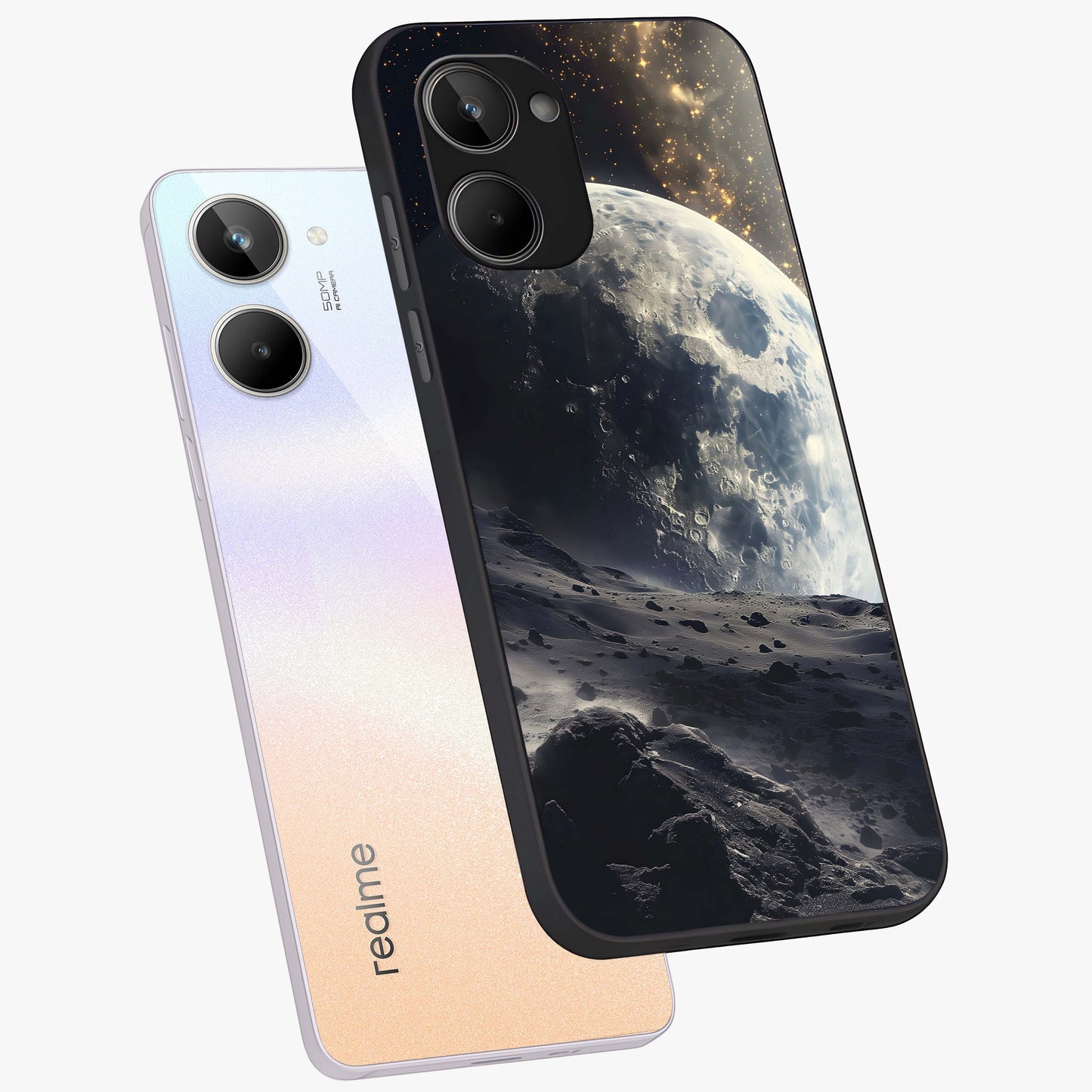 Lunar Horizon Glow Glass Case displayed in angled mockup highlighting celestial moon design with dreamy night aesthetic.